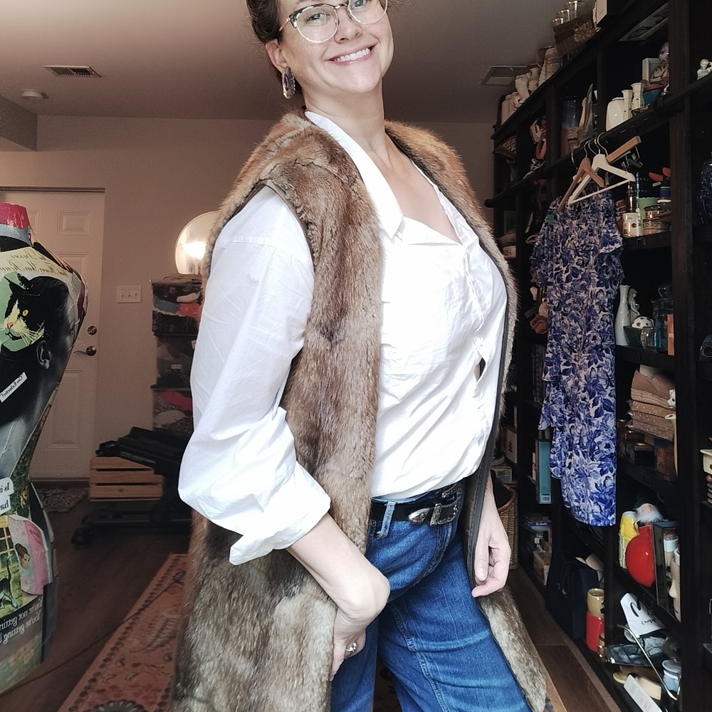 Vintage real fur zip out liner vest long Large